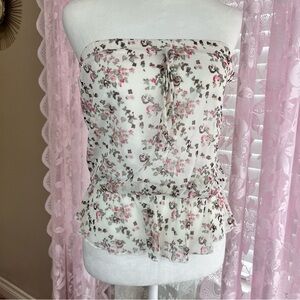 Shasa Cream Strapless Floral Peplum Top with Pink Accents